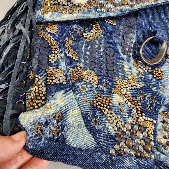 Cecilia De Bucourt Harrow Studded Denim Hobo Tote Distressed Leather Fringe‎ NEW - Picture 5 of 16
